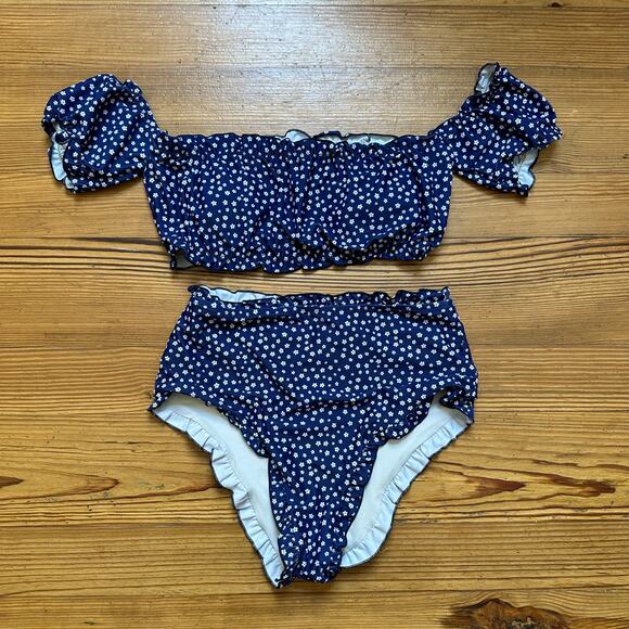 SHEIN Other - Shein navy blue white polka dot cheeky ruffle off shoulder bikini SIZE M